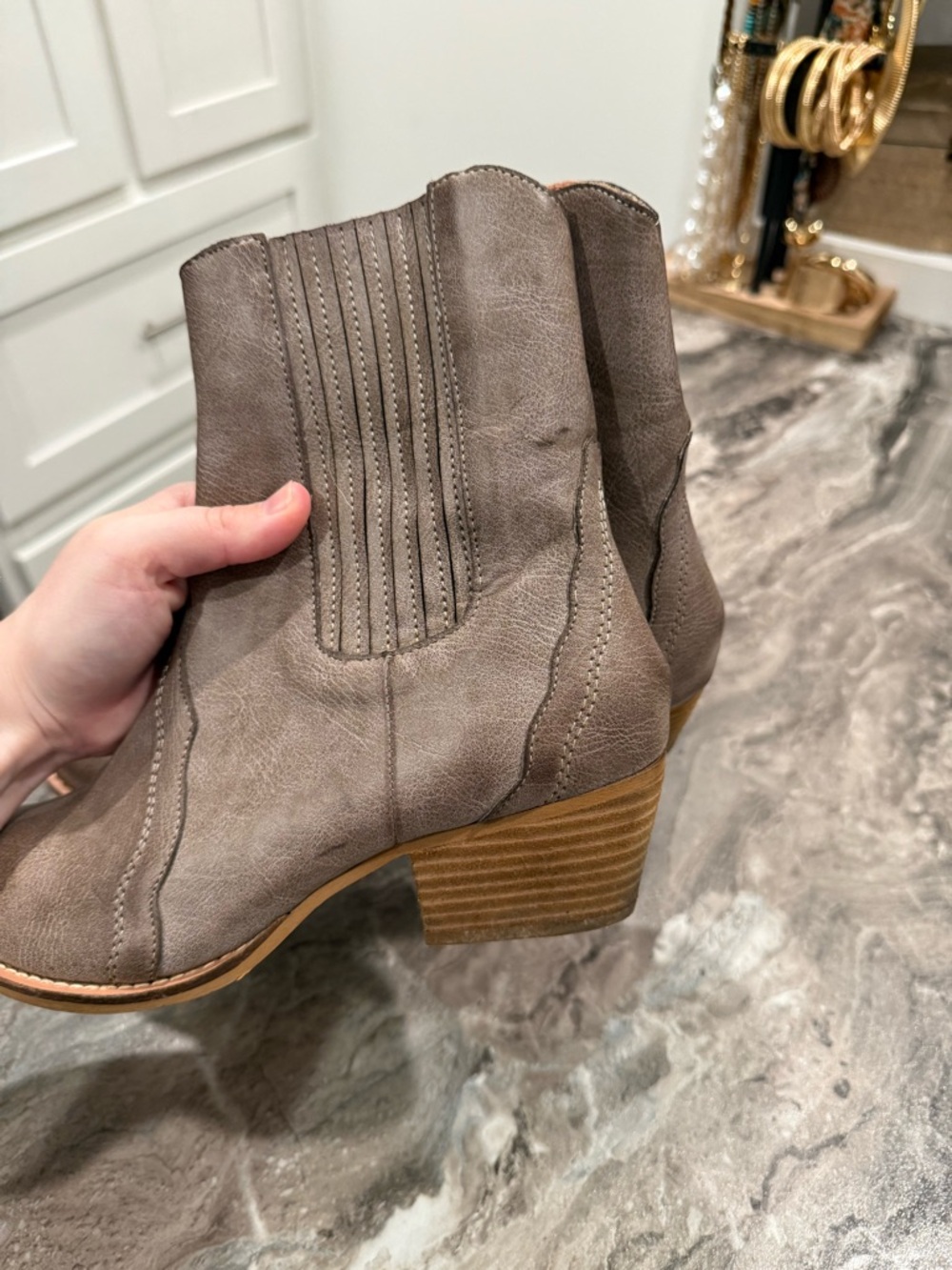 Women's Taupe Western Ankle Booties with Low Stack Heel - Picture 7 of 8